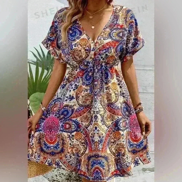 SHEIN VCAY Paisley Print Lune batwing sleeve Dress elastic waist size Large - Picture 1 of 9